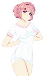 1girls blush breasts doki_doki_literature_club embarrassed female_only macky06_(artist) natsuki_(doki_doki_literature_club) nipple_bulge pink_eyes pink_hair ribbon ribbons shirt solo solo_female thighs tight_clothes tight_clothing