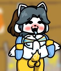 1girls ambiguous_gender anthro belly_bulge big_breasts brown_hair bulge cat_ears clothed clothing collar dog_ears frisk gray_hair holding legokoopa_(artist) lifting lifting_leg paws self_upload temmie temmie_(undertale) thick_thighs tongue tongue_out undertale undertale_(series) vaginal_penetration vaginal_penetration vaginal_sex white_fur yellow_skin