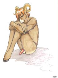 1boy anthro ayame_emaya cody_(ayame_emaya) furry hooves horns male nipple penis ram sheep sitting sitting_down sitting_on_floor sitting_on_ground solo solo_male testicles