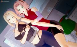 2girls big_breasts bike_shorts blonde_hair blush bra breast_grab breasts_out brown_eyes elbow_pads female female/female female_only gloves green_eyes highleg highleg_panties holding_breast kimono koikatsu looking_at_another multiple_girls naruto naruto_(series) naruto_shippuden older_female one_eye_closed open_clothes otsukira panties pink_hair sakura_haruno shirt smile teacher_and_student tsunade younger_female yuri