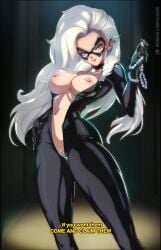 1girls big_breasts black_cat_(marvel) blue_eyes breasts clothed clothing collar felicia_hardy felox08 female jewelry long_hair marvel marvel_cinematic_universe nipples open_shirt solo solo_female thick_thighs thief villainess white_hair