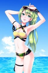 alina_gray arms arms_up beach bikini bikini_top blue_sky eyewear_on_head feet_out_of_frame female female_only green_eyes green_hair human human_only legs long_hair magia_record:_mahou_shoujo_madoka_magica_gaiden magical_girl mahou_shoujo_madoka_magica sea seaside sky small_breasts solo solo_female sunglasses sunglasses_on_head swimsuit voluptuous voluptuous_female white_skin zwei_(santanawamuujojo)