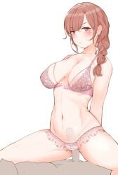 1boy bar_censor blush bra braid braided_ponytail breasts brown_hair censored chita_ma_hiro cowgirl_position cowgirl_position crotchless crotchless_panties female frown highres higuchi_madoka idolmaster idolmaster_shiny_colors large_breasts looking_at_viewer mature_female navel panties penis pink_bra pink_panties purple_eyes sex simple_background single_braid straddling textless_version underwear vaginal_penetration white_background x-ray