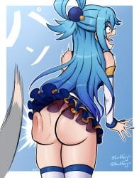 1girls aqua_(konosuba) ass ass_focus ass_slap blue_hair detached_sleeves kono_subarashii_sekai_ni_shukufuku_wo! long_hair lordguyis no_panties rippling_ass satou_kazuma skirt slapping_butt smacking_ass surprised thighhighs thighs upskirt