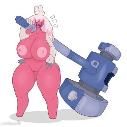 absurd_res areola big_breasts breasts female generation_9_pokemon genitals hammer hi_res holding_hammer holding_object holding_tool huge_breasts humanoid looking_at_viewer nintendo nipples nude open_mouth pink_areola pink_body pink_nipples pokémon_(species) pokemon pokemon_(species) pokemon_sv pussy solo stemingbunbun thick_thighs tinkaton tools video_games wide_hips