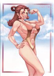 1girls abs biceps big_breasts bikini breasts cloud female female_only muscular muscular_female navel perilla_(pokemon) pokemon pokemon_legends:_arceus red_eyes red_hair slight_blush smile solo solo_female takecha thick_thighs zisu_(pokemon)