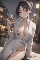 1girls ai_generated big_breasts black_hair breasts exposed_breasts female fireworks hair_in_bun looking_at_viewer nipple_peek nipples one_nipple_out red_eyes revealing_clothes solo stable_diffusion white_dress