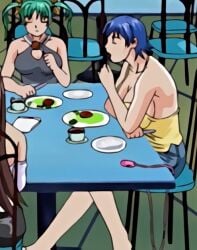 blue_shorts dining_table discipline:record_of_a_crusade large_breasts miyagishi_yuuki nonomura_ruri sandals screenshot short_blue_hair upscaled vibrator vibrator_under_clothes yellow_tank_top