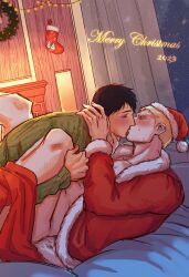 2boys absurdres alternate_costume attack_on_titan bara bertolt_hoover black_hair blonde_hair blush christmas closed_eyes clothed_sex convenient_censoring couple from_side happy_sex hat highres kissing male_focus merry_christmas missionary multiple_boys ohyay342 pants pants_around_one_leg pectorals profile red_headwear reiner_braun santa_costume santa_hat shingeki_no_kyojin short_hair sweat thick_eyebrows yaoi