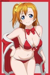 1girls artist_name bikini bikini_bottom bikini_top blue_eyes bow bowtie bra christmas cleavage dorsalec english_text female female_focus female_only hi_res kousaka_honoka large_breasts long_hair looking_at_viewer love_live! love_live!_school_idol_project orange_hair paid_reward_available red_background red_bikini red_clothing robe santa_costume shoulder_length_hair side_ponytail smile solo solo_female solo_focus