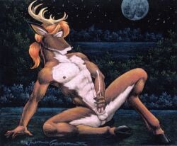 1boy anthro antlers buck cum deer ejaculate ejaculation eyes_closed frank_gembeck furry genitals hand_on_penis hooves male mammal masturbation moon night night_time nipples outdoors outside penis ponytail self_pleasure solo solo_male testicles