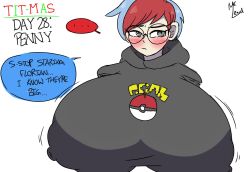 1girls 2023 alternate_breast_size black_sweater blue_hair blush blush_lines blushing breasts_bigger_than_head christmas english english_text female female_focus female_only game_freak glasses grey_eyes huge_breasts large_breasts light-skinned_female mr.lewd nintendo nipple_bulge nipples_visible_through_clothing no_bra penny_(pokemon) pokemon pokemon_(game) pokemon_sv red_hair round_glasses short_hair solo speech_bubble sweater text text_bubble tit-mas_(mr.lewd) two_tone_hair