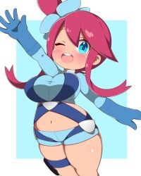 1girls blue_eyes breasts chibi clothed female female_only hairbow large_breasts navel one_eye_closed pokemon pokemon_bw raised_hand red_hair skyla_(pokemon) solo solo_female tan_skin thick_thighs thighs wejon