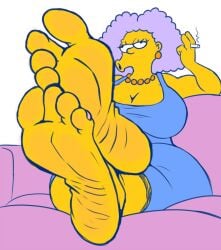 2d bbw big_ass big_breasts big_feet chubby couch feet feet_focus female foot_fetish foot_focus fully_clothed mature_female milf necklace no_penetration puffy_hair purple_hair selma_bouvier sitting smoking smoking_cigarette solo solo_female the_simpsons zp92