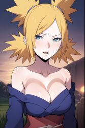 1girls ai_generated bare_shoulders big_breasts blonde_hair boruto:_naruto_next_generations breasts cleavage clothed_female clothing costemania embarrassed facing_viewer female female_only front_view huge_breasts kimono kimono_down light-skinned_female light_skin mature mature_female milf nai_diffusion naruto naruto_(series) no_bra no_bra_under_clothes open_clothes ponytail quad_tails solo solo_focus stable_diffusion sweat sweatdrop teal_eyes temari twintails upper_body voluptuous voluptuous_female yukata