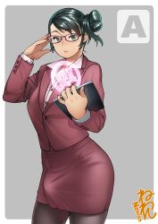 1futa breasts bulge button_down_shirt clothed clothing coat device erection erection_under_clothes fully_clothed futa_only futanari glasses green_eyes green_hair human implied_futanari light-skinned_futanari light_skin neone-x pantyhose pencil_skirt short_hair skirt solo standing