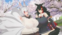 2girls 3d 3d_(artwork) black_hair black_serafuku black_skirt curvaceous curvy curvy_female forehead_mark fox_ears fox_girl fox_tail fox_tails hololive hololive_gamers hololive_japan huge_breasts kitsune koikatsu milf multicolored_hair nijisanji nijisanji_en nina_kosaka ookami_mio outdoors red_eyeliner red_eyes red_eyeshadow red_fingernails school_uniform thick_thighs twintails virtual_youtuber vtuber white_hair white_sailor_collar white_uniform wide_hips wolf_ears wolf_girl wolf_tail yellow_eyes