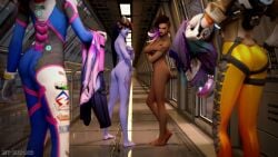 3d 4girls ass bare-faced-cheek barefoot breasts brown_skin clothed_female_nude_female completely_naked completely_nude completely_nude_female corridor covering_breasts covering_crotch d.va embarrassed embarrassed_nude_female enf feet female female_only headgear long_hair looking_back multiple_girls naked nude nude_female nudist overwatch purple_skin skin_tight skinsuit sombra stolen_clothes stripped stripped_naked tattoo tracer widowmaker