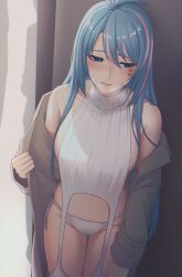 angononon azura_cecillia blue_hair jacket long_hair nijisanji nijisanji_indonesia revealing_clothes shy virgin_destroyer_sweater virgin_killer_sweater virtual_youtuber vtuber