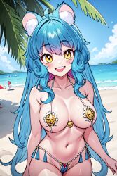 1girls ai_generated beach bikini chessivt juninholara21 mouse_girl owozu sky_blue_hair virtual_youtuber vtuber yellow_eyes