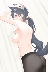 absurdres animal_ears arknights arm_up ass black_hair black_pantyhose breasts cowboy_shot extra_ears female highres holding holding_hair long_hair looking_at_viewer medium_breasts nipples pantyhose sideways_glance solo tail texas_(arknights) topless very_long_hair wl217_(nicexa111) wolf_ears wolf_girl wolf_tail