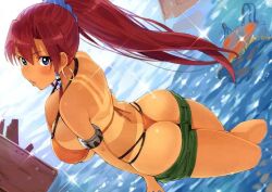 ass_cleavage ass_focus bare_arms bare_back bare_legs bare_shoulders bare_thighs bellows_(suisei_no_gargantia) bikini bikini_bottom bikini_top blue_eyes blus blush blush_lines earrings green_shorts hoop_earrings in_water long_hair looking_at_viewer orange_bikini orange_bikini_bottom orange_bikini_top orange_topwear overboob ponytail red_hair red_ponytail sideboob sparkles sparkling sparkling_water suisei_no_gargantia tanlines thick_thighs underboob undressing