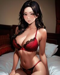 1girls ai_generated ai_mirror bed bedroom belly_button black_hair blush brown_eyes curtains earrings long_hair looking_at_viewer medium_breasts pillow red_bra red_panties red_underwear white_skin