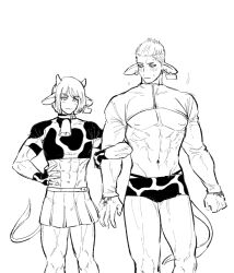 2boys adam_dudley ambush_(trap) blush bob_cut collar cow_boy cow_ears cow_horns cow_print cow_tail cowbell crop_top crossdressing earrings embarrassed femboy fingerless_gloves height_difference imai_cosmo kemonomimi kengan_(series) kengan_ashura looking_at_another looking_at_viewer mahuri male male_only monochrome muscular muscular_male pecs pleated_skirt short_shorts shorts shrug_(clothing) sketch smile sweatdrop twunk very_short_hair yaoi