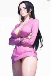 1girls ai_generated black_hair black_panties blue_eyes boa_hancock breasts ear_piercing earrings female female_only large_breasts long_hair looking_at_viewer mature_female no_pants one_piece panties pink_skin prixmal solo solo_female white_background