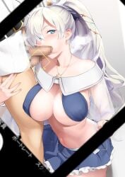 1boy 1girls anastasia_(fate) anastasia_(swimsuit_archer)_(fate) anastasia_(swimsuit_archer)_(third_ascension)_(fate) bangs bare_shoulders bikini blue_bikini blue_eyes blue_skirt blush bow breasts cellphone cellphone_picture censored cheek_bulge cleavage collarbone erection fate/grand_order fate_(series) fellatio female hair_over_one_eye hairbow jewelry large_breasts light-skinned_female light-skinned_male light_skin long_hair long_sleeves looking_at_viewer miniskirt mosaic_censoring navel necklace oral penis phone ponytail puffy_long_sleeves puffy_sleeves selfie skirt soba_(saz) straight swimsuit testicles thighs very_long_hair white_hair