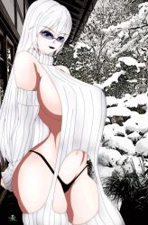 akinama_family_(noir-black-shooter) big_breasts glasses huge_breasts noir-black-shooter oc original original_character purple_eyes shiho_akinama_(noir-black-shooter) silver_hair snow virgin_destroyer_sweater virgin_killer_sweater white_hair