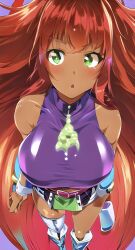 ai_generated coon8384 cum_on_breasts dc dc_comics green_cum pink_hair purple_crop_top purple_miniskirt stable_diffusion starfire starfire_(teen_titans) thick_thighs thighhighs