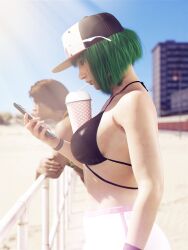 2girls 3d 3d_(artwork) 3d_model baseball_cap beach between_breasts big_breasts bikini black_bra bob_cut bra breasts brown_hair bubble_tea bubble_tea_challenge cap caveira_(rainbow_six) drinking_straw drinking_straw_in_mouth ela_(rainbow_six) ela_bosak elżbieta_bosak female female_focus female_only full_lips glasses_on_head green_hair huge_breasts large_breasts lips outdoors outside phone pink_pants rainbow_six rainbow_six_siege short_hair side_view sideboob smartphone straw sunglasses sunglasses_on_hat sunglasses_on_head sunny taina_pereira tapioca_challenge ubisoft wet_bikini word2 wrist_cuffs