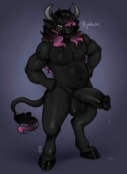 anthro balls big_balls big_penis black_body black_fur black_nose bodily_fluids bovid bovine cattle cloven_hooves dripping erection fur genital_fluids genitals hair hands_on_hips hi_res highlights_(coloring) hooves horn humanoid_genitalia humanoid_pussy looking_at_viewer male male_only mammal musclegut muscular muscular_anthro muscular_male nude penis pink_hair precum precum_drip pussy skye3337 slightly_chubby smile solo standing tail_tuft thick_penis tuft