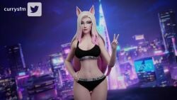 1girls 3d ahri alternate_hair_color animal_ears big_breasts black_bra black_panties blacked blacked_clothing blonde_hair blue_eyes bra breasts city_background cityscape cleavage currysfm female female_only gradient_hair hand_on_hip k/da_ahri k/da_series league_of_legends light-skinned_female light_skin lingerie long_hair looking_at_viewer navel night panties peace_sign riot_games skyscraper smile solo sports_bra v v_sign whisker_markings