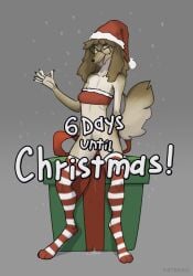 2022 anthro biped bodily_fluids breasts brown_hair canid canine canis christmas christmas_clothing christmas_headwear clothing digital_media_(artwork) digitigrade domestic_dog eyewear female fur genital_fluids gift glasses grey_background hair hat headgear headwear hi_res holidays legwear looking_at_viewer mammal one_eye_closed open_mouth patecko paws pussy_juice pussy_juice_string round_glasses santa_hat simple_background small_breasts solo tan_body tan_fur thigh_highs wink winking_at_viewer