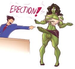 1boy 1futa ace_attorney balls big_breasts big_penis black_hair capcom crossover eastern_and_western_character english_text erection futa futa_focus futanari giant_breasts green-skinned_futanari green_skin high_heels huge_breasts huge_cock hulk_(series) large_penis legs male marvel marvel_comics marvel_vs._capcom muscles muscular_futanari muscular_thighs objection! penis phoenix_wright rookerrant she-hulk speech_bubble text thighs torn_clothes torn_clothing veiny_penis white_background