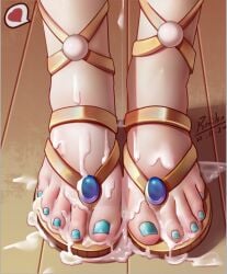 blue_toenails cum cum_on_feet dripping_cum egyptian_clothing feet foot_fetish foot_focus genshin_impact nilou_(genshin_impact) open_toe_shoes ririko_(fhnngririko) sandals toenail_polish toes