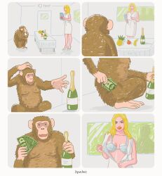 3palec 6koma ape blonde_hair bra breasts champagne chimpanzee comic humor money prostitution red_lipstick sexism silent_comic undressing unzipping zipper