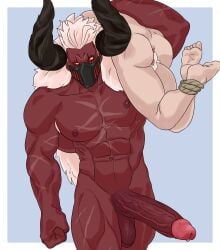 after_anal after_sex balls bara big_balls big_penis boner carrying_person cum cum_in_ass devince dislyte erection horns jiang_jiuli_(dislyte) male male_only muscles muscular nude penis red_body red_skin scars scars_all_over white_hair