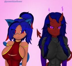 2girls abs big_breasts blue_hair dark_skin female leona_(powerblueflower) oc original_character powerblueflower purple_eyes red_eyes red_skin tagme