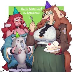 2022 2girls big_breasts birthday blue_dress breasts brown_fur cake character_request chest_tuft cleavage dress eating female female_only fish fish_in_mouth floppy_ears fluffy_tail fork furry furry_breasts gray_skin green_skirt kaneda_(sususuigi) original original_character original_characters party_hat red_fur seal striped_legwear sususuigi tail uniform