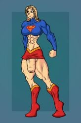 abs big_penis blonde_hair blue_background dc dc_comics futanari kara_zor-el muscular_futanari penis rookerrant supergirl tagme