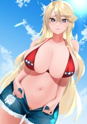 absurdres bangs bikini blonde_hair blue_eyes blush breasts cleavage collarbone denim denim_shorts female hair_between_eyes highres huge_breasts iowa_(kantai_collection) kantai_collection long_hair looking_at_viewer navel outdoors parted_lips red_bikini rinrin_kai shorts sidelocks skindentation solo star_(symbol) star_in_eye swept_bangs swimsuit symbol_in_eye unzipped