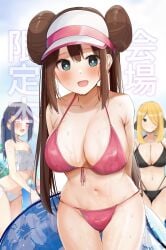 3girls bikini black_bikini blonde_hair blue_eyes blue_hair blush breast_size_difference breasts brown_hair cynthia_(pokemon) dawn_(pokemon) female hat huge_breasts light-skinned_female light_skin long_hair looking_at_viewer nintendo pink_bikini pokemon pokemon_bw2 pokemon_dppt rosa_(pokemon) rouka_(akatyann) small_breasts smile swimsuit twin_buns twintails wet wet_body white_bikini