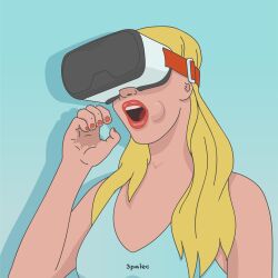 1girls 3palec blonde_hair blowjob_gesture breasts cheek_bulge fellatio female how_could_you_find_this_hot invisible_penis penis_grab red_lipstick solo virtual_reality vr_headset