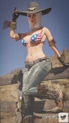 1girls 3d 4th_of_july american_flag_bikini armpits ashe_(overwatch) belt big_breasts boots bra breasts cleavage cowboy_boots cowboy_hat cowboy_outfit currysfm female fence gloves gun holding_hat jeans light-skinned_female light_skin looking_at_viewer navel necklace one_eye_closed overwatch red_eyes rifle smile solo weapon white_hair wink