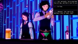 1boy 1girls 3d beer belt black_hair closed_mouth counter dialogue gillian_(va-11_hall-a) glass half-closed_eyes human julianne_stingray koikatsu long_hair looking_at_another looking_down open_mouth ponytail sfw spiritofrei text tie twintails uniform va-11_hall-a