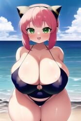 1girls aged_up ai_generated anya_forger arms_behind_back beach big_breasts bikini blush breasts eye_contact green_eyes huge_breasts hyper_breasts light-skinned_female light_skin looking_at_viewer nai_diffusion pink_hair plump short_hair shortstack smaller_female solo spy_x_family stable_diffusion standing voluptuous wide_hips