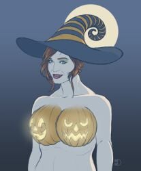 christina_hendricks halloween jack-o'-lantern pumpkin_boobs pumpkin_breasts red_hair tagme tittydispenser what witch_hat